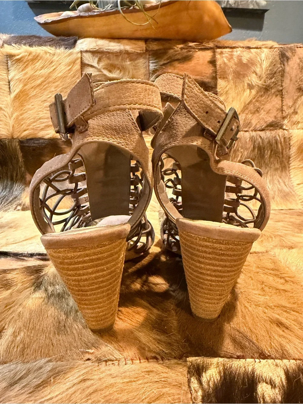 Vince Camuto Taupe Lace-Up Caged Open-Toe Heels